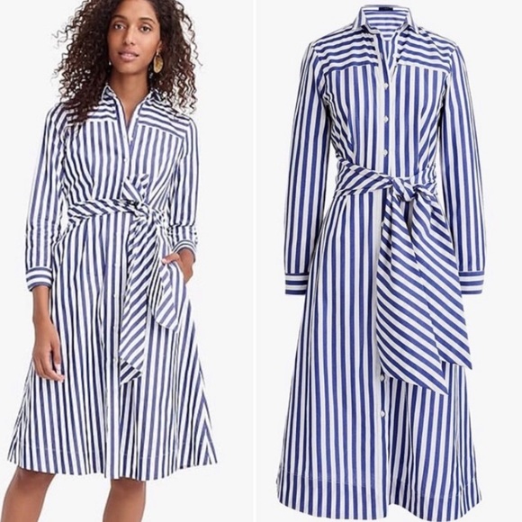 J. Crew Dresses & Skirts - J. Crew Tie Waist Blue Striped Dress Size 10 NWT